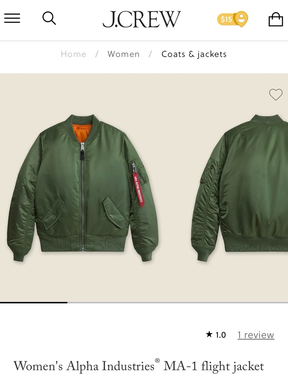 Alpha Industries Women's MA-1 Bomber Jacket — Olive Green with Orange Lining